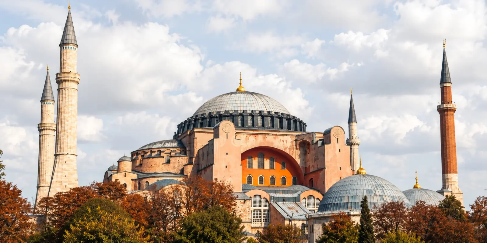 Hagia Sophia’s dome and minarets under a cloudy sky